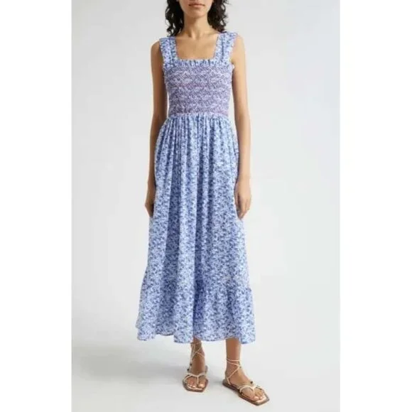 🆕 Mille Garden Smocked Floral Midi Dress Cotton Large 8-10 - Picture 2 of 12